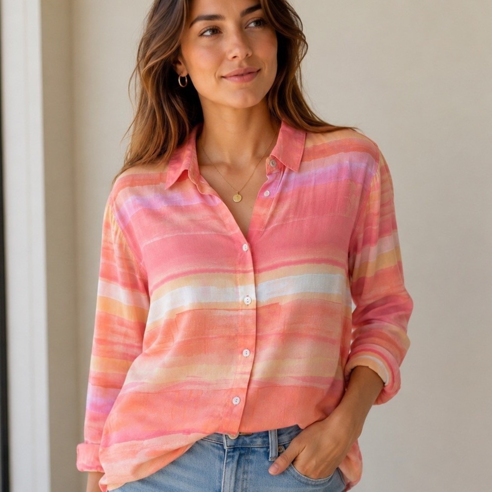 Anthropologie Cloth & Stone Watercolor Striped S Coral Rayon Button Down Shirt